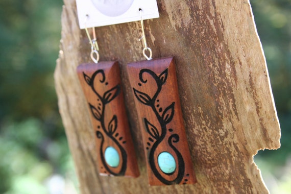 Wood & Turquoise Earrings- Vines and Turquoise- In Reclaimed Mahogany Wood (MOD 25)- Wood Jewelry, Eco Fashion, Boho Jewelry