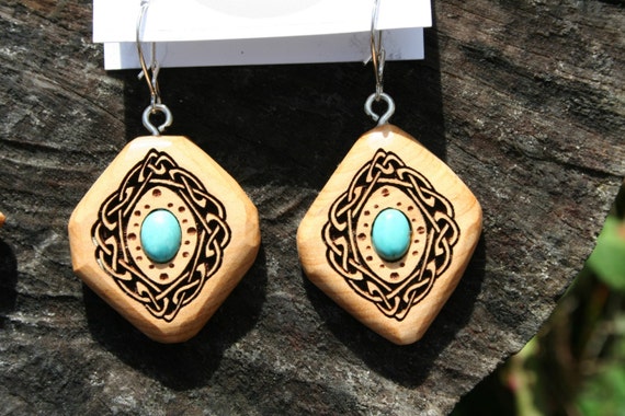 Wood Earrings- Celtic Design set with Turquoise. Juniper wood Lightweight Earrings