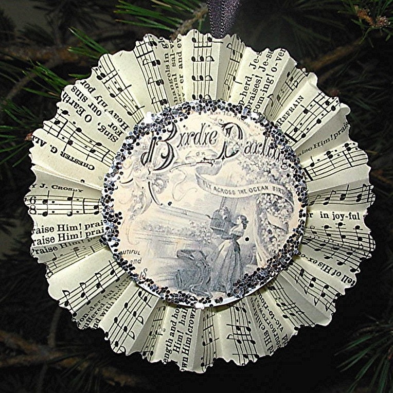 Vintage Music Paper Rosette Ornament- Birdie Darling / Woman with bird cage