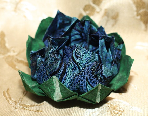 Blue Tapestry Origami Lotus Flower from Textured Fabric Beautiful Blue Tapestry Origami Lotus Flower from Textured Fabric Beautiful