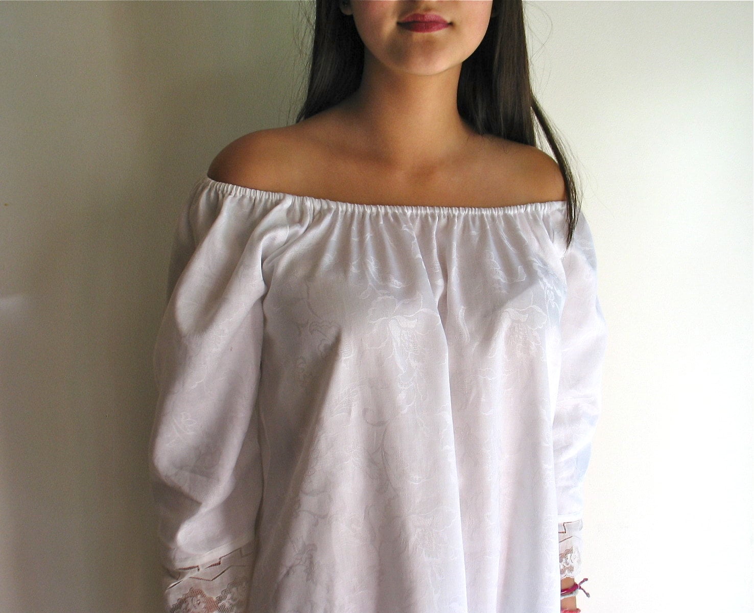 Items similar to White Cotton Nightgown Peasant Style Floral Damask