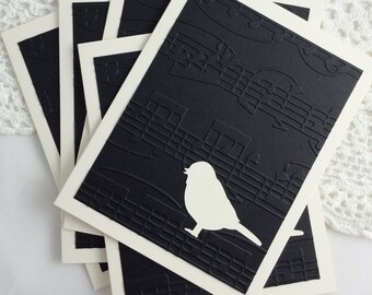Songbird Note Cards Embossed Music Stationery Cream on Black Blank Notes for Musicians and Music Lovers by Lime Green Rhinestones