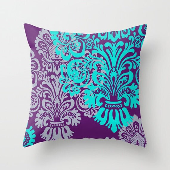 Jewel Tone Damask Pillow Cover Purple and Teal Lavender by hhprint