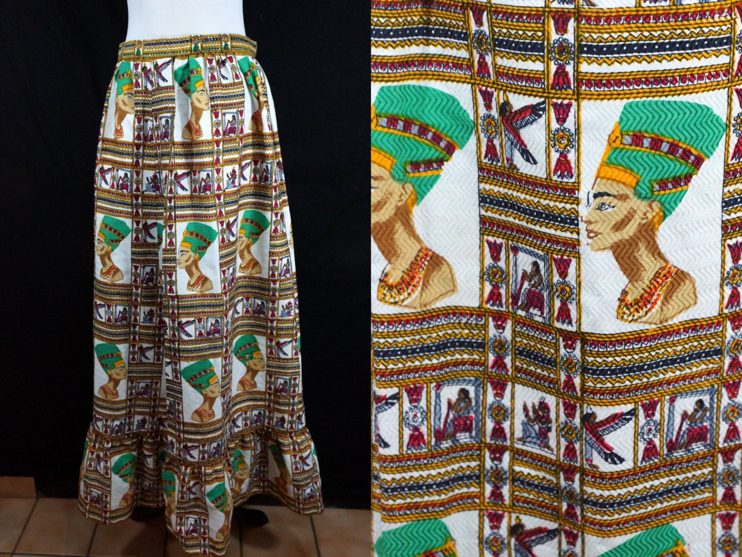 1960s Miss Egypt Maxi Skirt Novelty Print Queen Tribal Ethnic