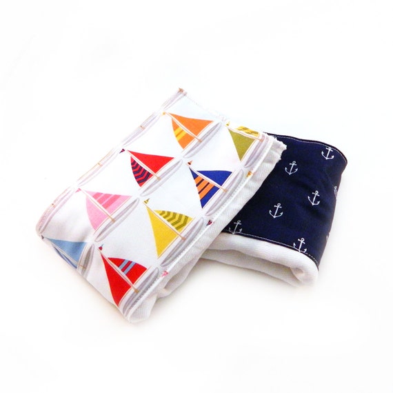 Sailboats Anchors Burp Cloths- Blue Red Yellow - set of 2 Boys / Baby Shower Gift