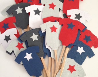 Star Studded Bodysuit Cupcake Toppers or Food Picks - Navy, Red, Gray and White