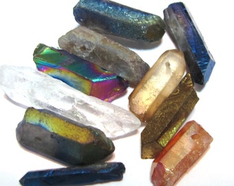 Rock crystal points 10 piece sampler set small mixed natural and coated colors