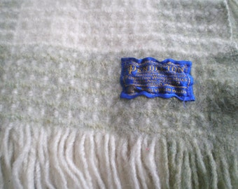 Pendleton wool blanket / plaid cream green / vintage picnic blanket / antique camping / sage / throw / Winter / cozy Spring / fringe