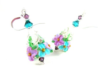 Purple Teal Floral Earrings, Garden Earrings, Nature Jewelry, Granny Floral Jewelry, Lampwork Earrings, Flower Earrings, Glass Earrings