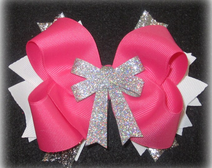 pink hair bow, girls pink bows, glitter hairbow, sparkle bow, silver hair bow, boutique hair bows, girls bows, white bow, baby headband