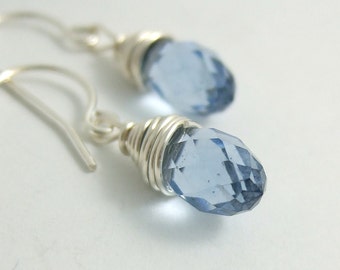 Earrings with Blue Crystal Teardrops Wire Wrapped HE-268