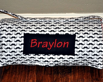 Nap Mat - Monogrammed Black & White Mustache Nap Mat with a Red Minky Dot Blanket