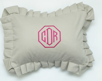 Ruffled Pillow Cover, Monogram Pillow, Monogrammed Nursery Pillow, Shabby Chic, Personalized Embroidered Pillow, Wedding Gift