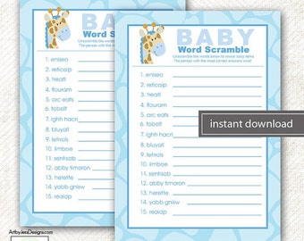 40% SALE Blue Giraffe Jungle Baby Shower Game Activity Word Scramble ...