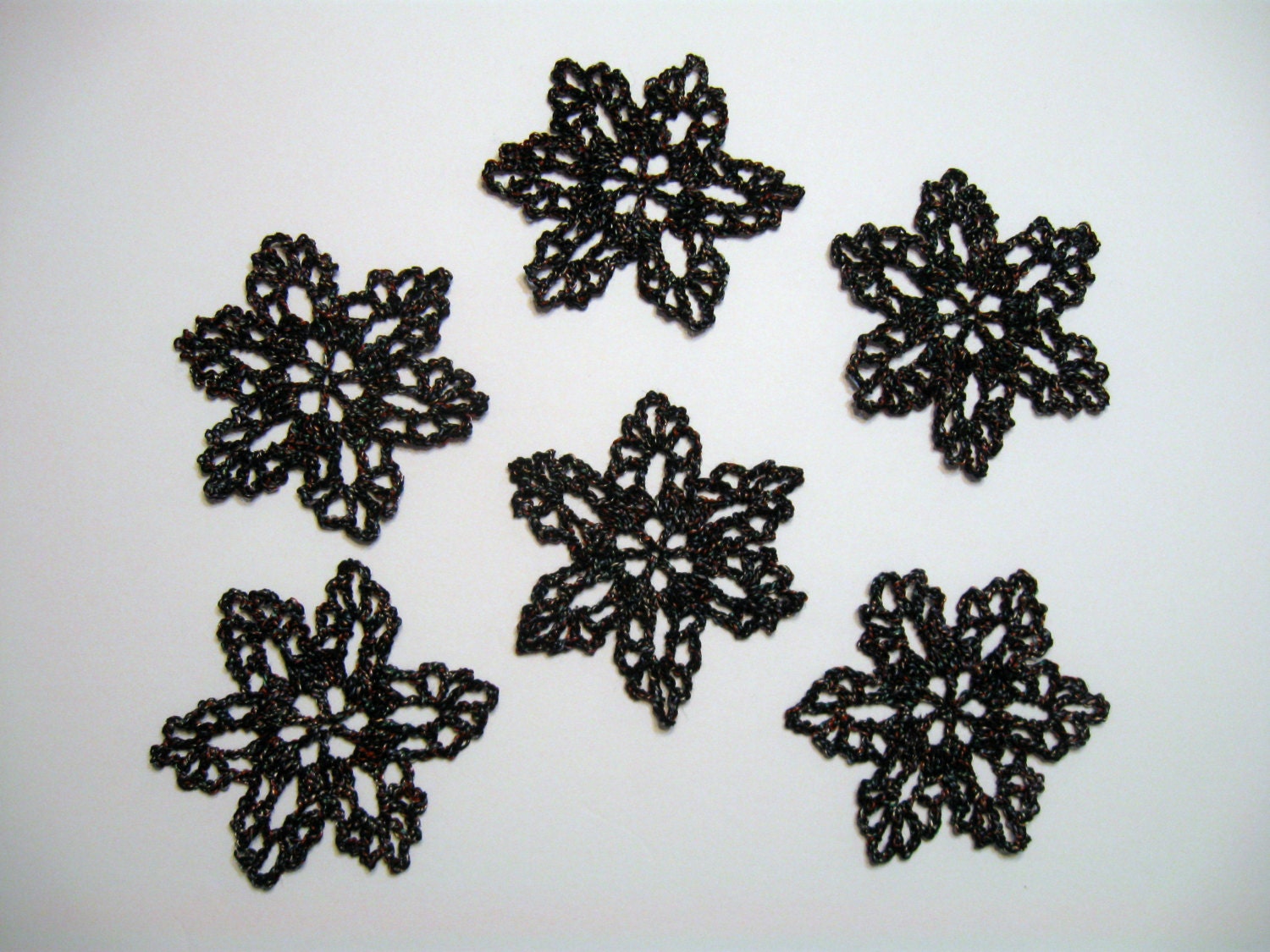 6 Black Variegated Snowflakes, Crochet, Handmade, Ornaments, by NormasTreasures on etsy