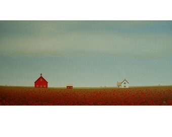 Large FARM PAINTING 30 x 15" Poppy Red Barn painting Old Farmhouse painting Country Poppies Big Landscape Painting Fine Art Gift Folk art