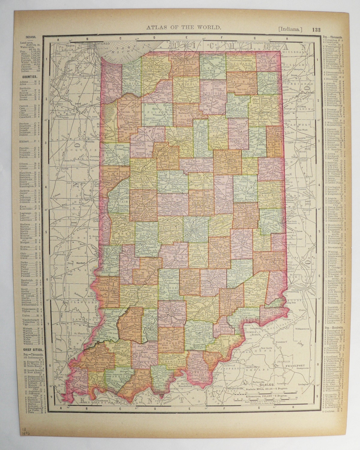 Vintage Map of Indiana State Illinois Map 1896 by OldMapsandPrints