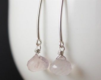 Pink Rose Quartz Earrings - Wire Wrapped - Hook Earrings