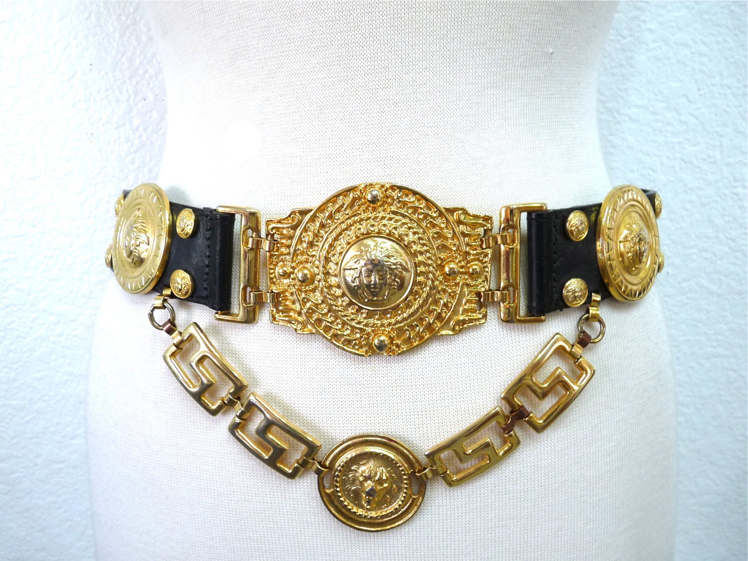 Vintage Versace Gold Medusa and Lion Choker Leather Medusa studded Belt