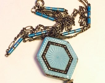 Victorian Guilloche Sterling Silver Blue Enamel Sapphire Watch Antique Necklace