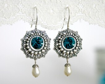 Mother of the bride earrings, Mother of the bride jewelry, Mother earrings, Blue and silver earrings, Blue dangle earrings