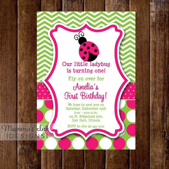 Ladybug Birthday Party Invitation, Pink and Green Ladybug Invitation, Ladybug Birthday, Ladybug Invitation, Ladybug Party Invite, Printable Il_570xn