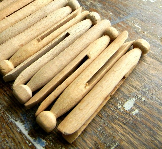 Vintage Wooden Clothes Pins Old Fashioned by CarolinaVintageCo