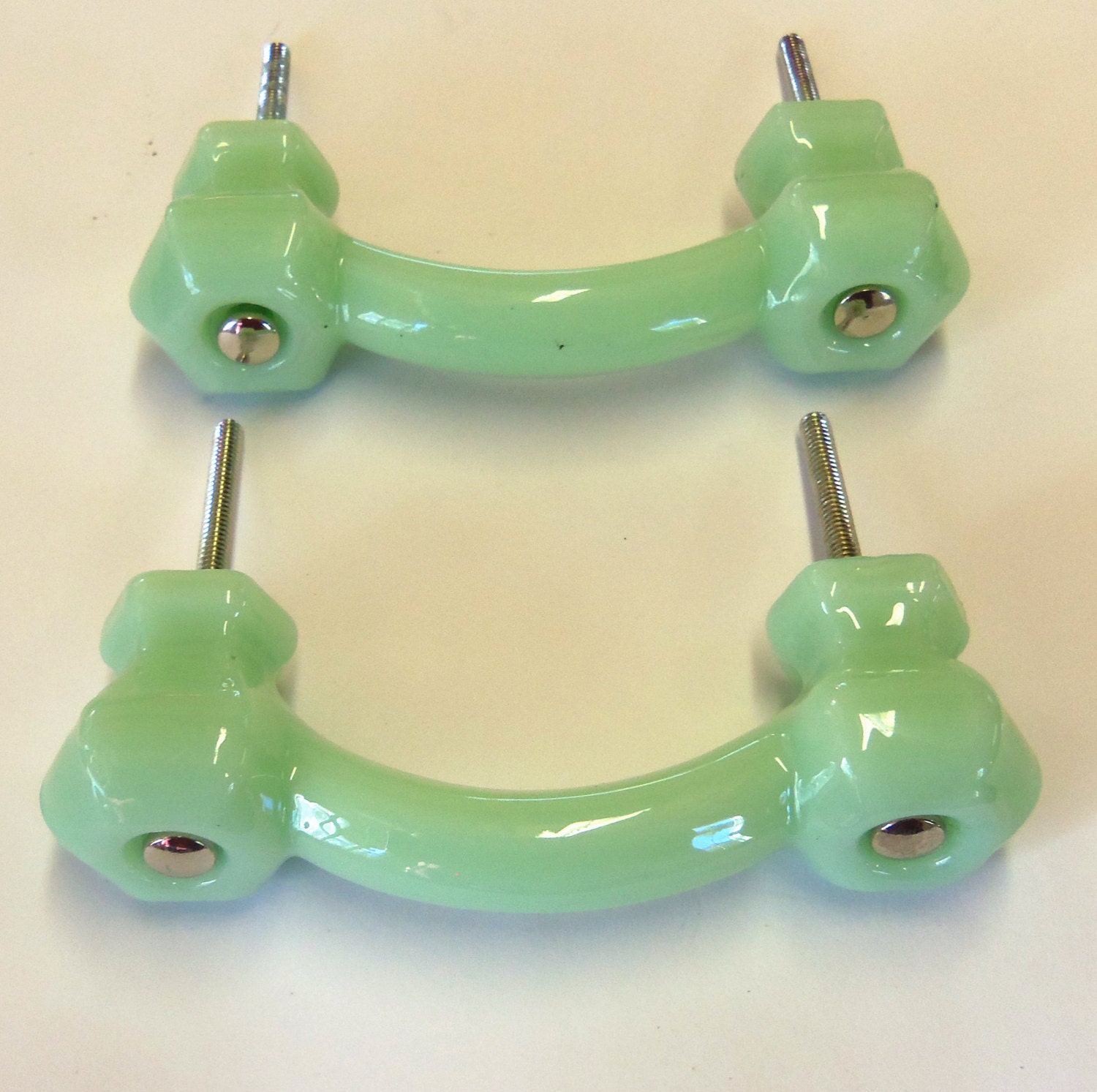 2 Pulls Glass Handles Jadeite Milk Green Trim Project Toppers