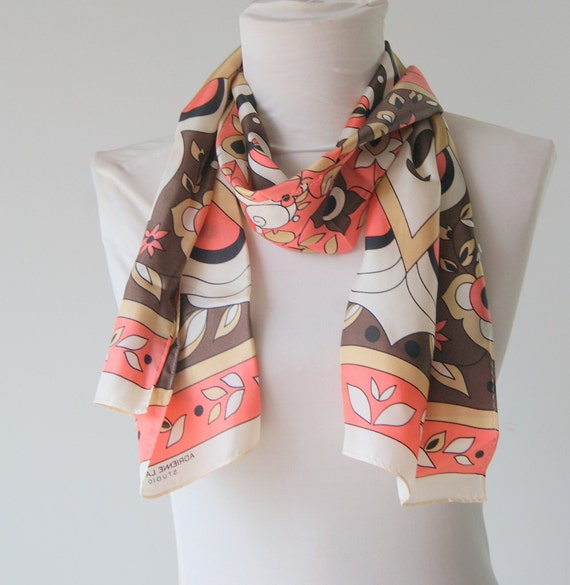 Vintage Brown and coral Silk Scarf by Adrienen Landau