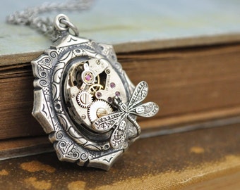 steampunk jewelry - TIME TRAVELER - antiqued silver steampunk watch movement necklace with tiny dragonfly
