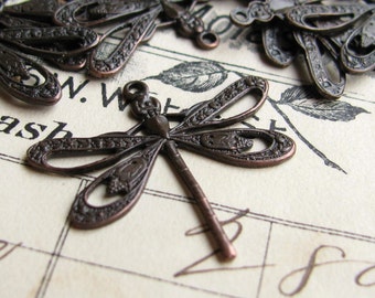 Art Nouveau dragonfly charm, 25mm, black antiqued brass (2 charms) black dragonfly pendant, flat dragonfly
