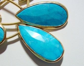 NATURAL Turquoise Faceted Pear Briolette Vermeil Sterling Silver Bezel Rim Connector Link Pendant, Full strand - 25%off - Sale - N24-1