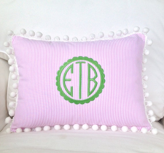 pom pom pillow trim Etsy Monogrammed Pom Seersucker on Pillow by peppermintbee Pom