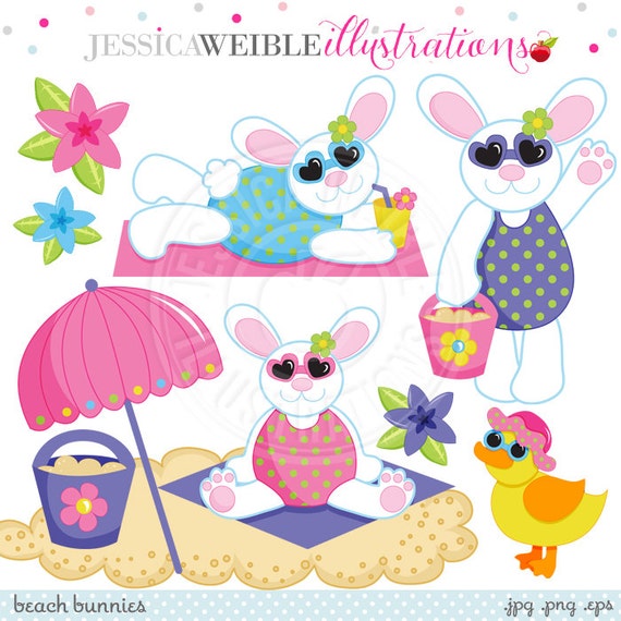 Beach Bunnies Cute Digital Clipart for Invitations, Card Design, Scrapbooking, and Web Design, Beach Easter Clipart Il_570xn
