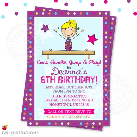Blonde Gymnastic Stick Figure V2 Printable Party Invitation, Birthday Invitation, 4x6 or 5x7 Custom Gymnastics Birthday Party Invitation Il_570xn