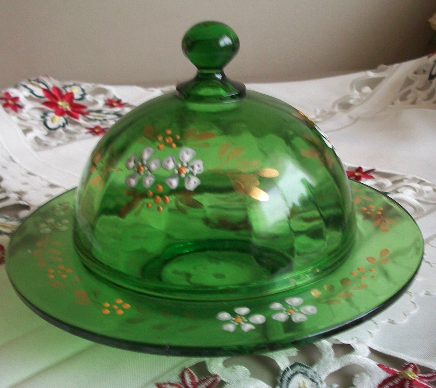 Sale Antique Heisey Elegant Glass Emerald Green Butter Dish with Gold
