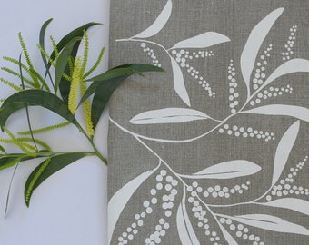 Linen Tea Towel Screen Printed Linen Tea Towel Hand Printed White&Natural Wattle Design