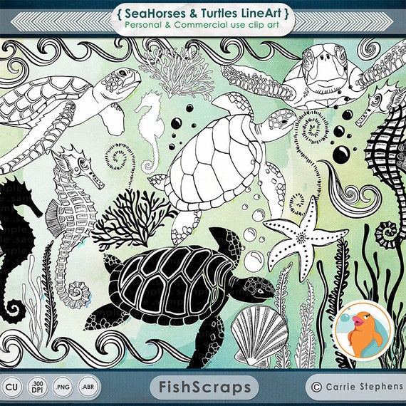 SeaHorse Line Art & Turtles Outline, Sea Animal Doodle ClipArt + Photoshop Brush, Water, Aquarium Digital Stamps, Under the Sea Il_570xn
