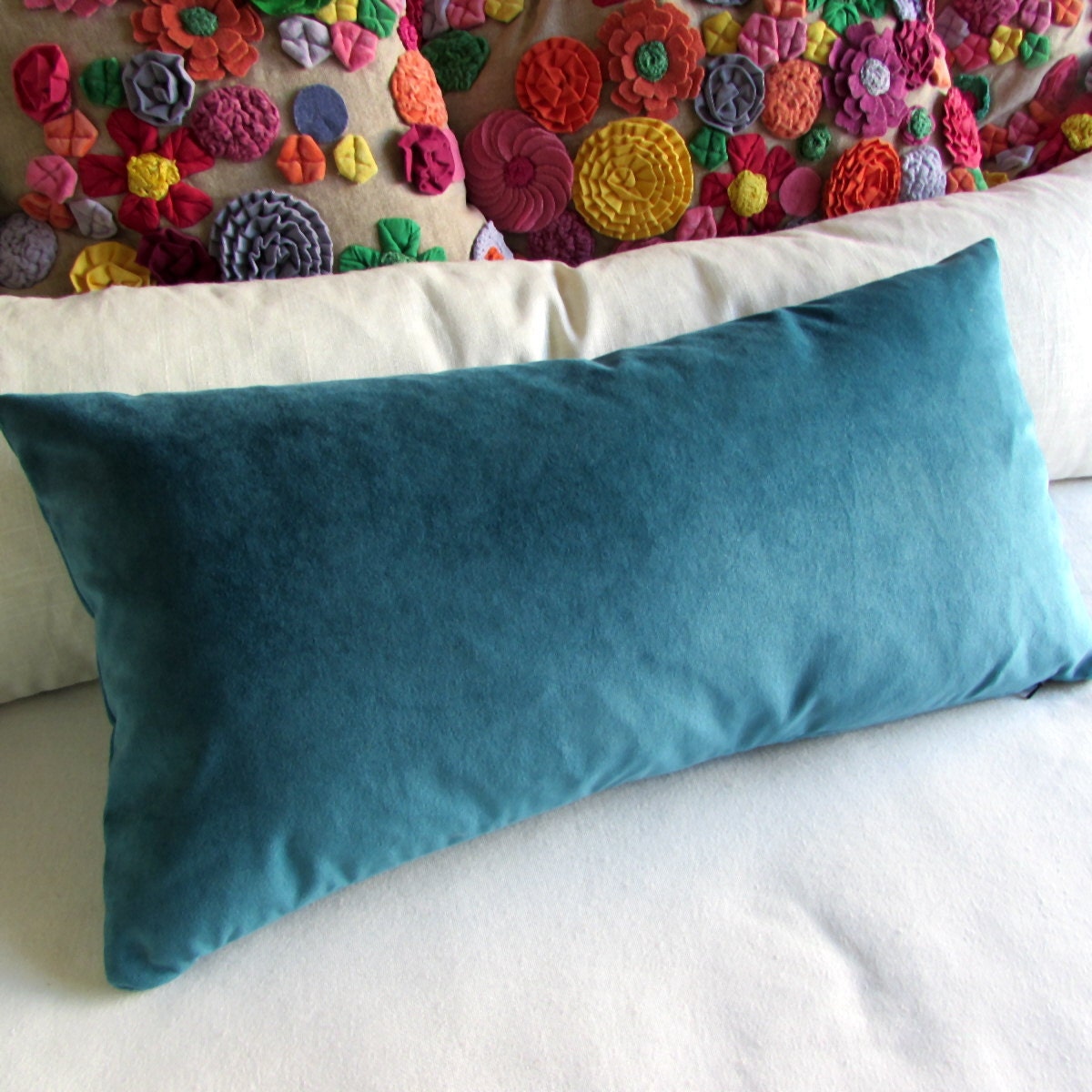 TURQUOISE blue velvet lumbar decorative bolster pillow 13x26