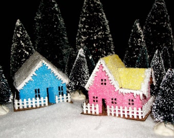 Putz House Kit Set of 6 Buildings - Glitter Houses - DIY - Precut Chipboard Miniature Village -