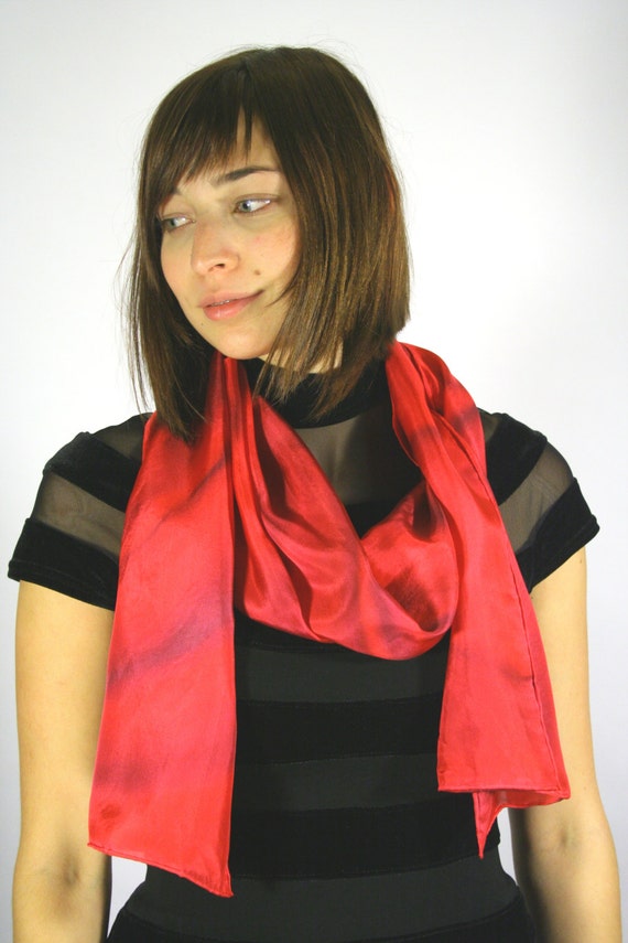 Red Scarf in red and cranberry , hand painted silk scarf. Red scarf . Silkiness