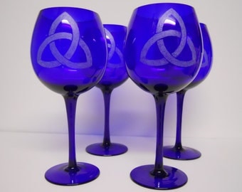 Cobalt Blue Engraved Celtic Knot Balloon Glasses