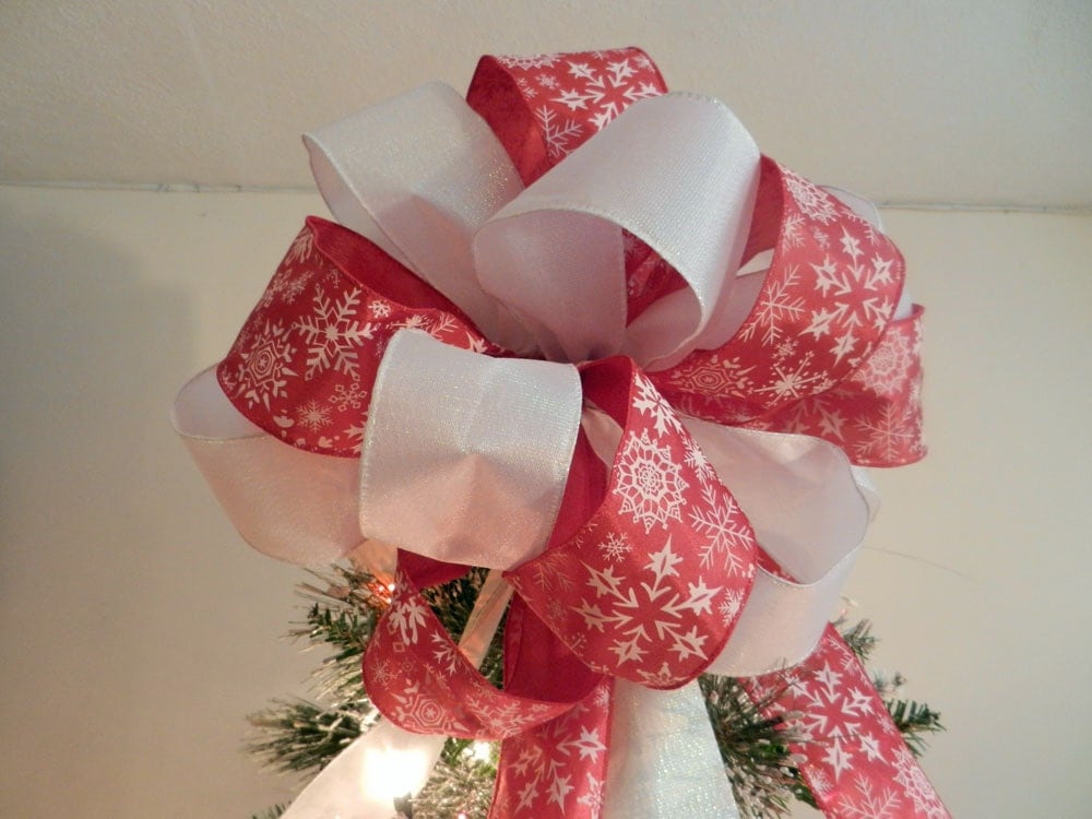 Large Christmas Tree topper bow Red Ribbon with White Snowflakes and shimmer white ribbon