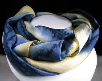 Silk Scarf, Hand Painted Silk Scarf - Navy Yellow Rain