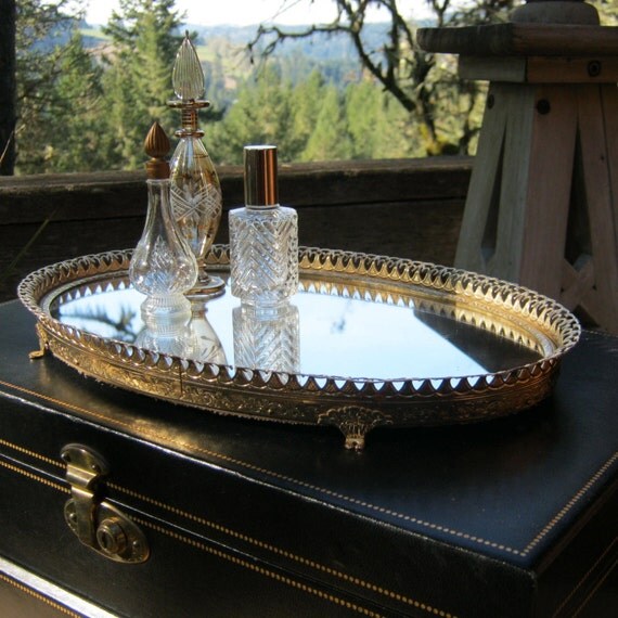 SMALL Oval Mirrored Vanity Tray With Dainty by oakhillvintage