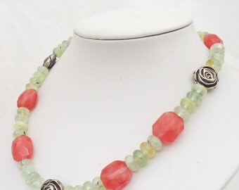Сherry Quartz and Prehnite Necklace, Pink and Olive Green Necklace, Gemstone Necklace, UK Seller