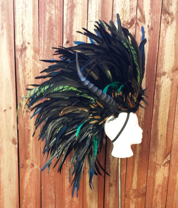 Horned Feather Mohawk Headdress in Black Brown and Green