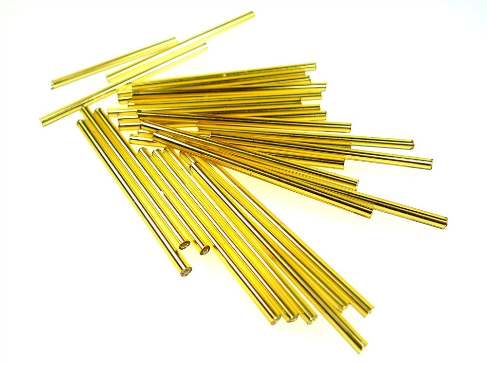 Extra long 60mm lt golden silver lined glass bugle beads from oldish on