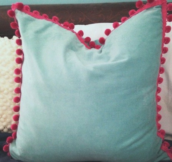 Blue Velvet Pillow Cover with Pom Pom Trim