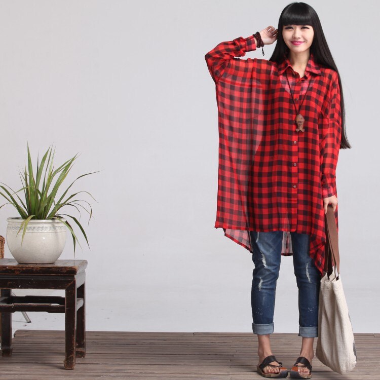 Casual Loose Fitting Long Sleeved Blouse Bat Sleeved Red